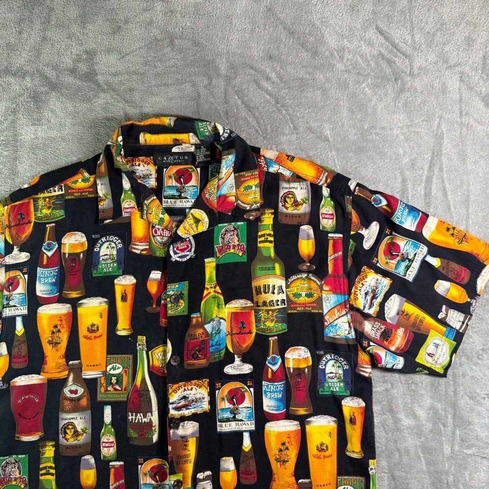 Vintage Cactus Black Label Hawaiian Beer Print Button Up Camp Shirt XL